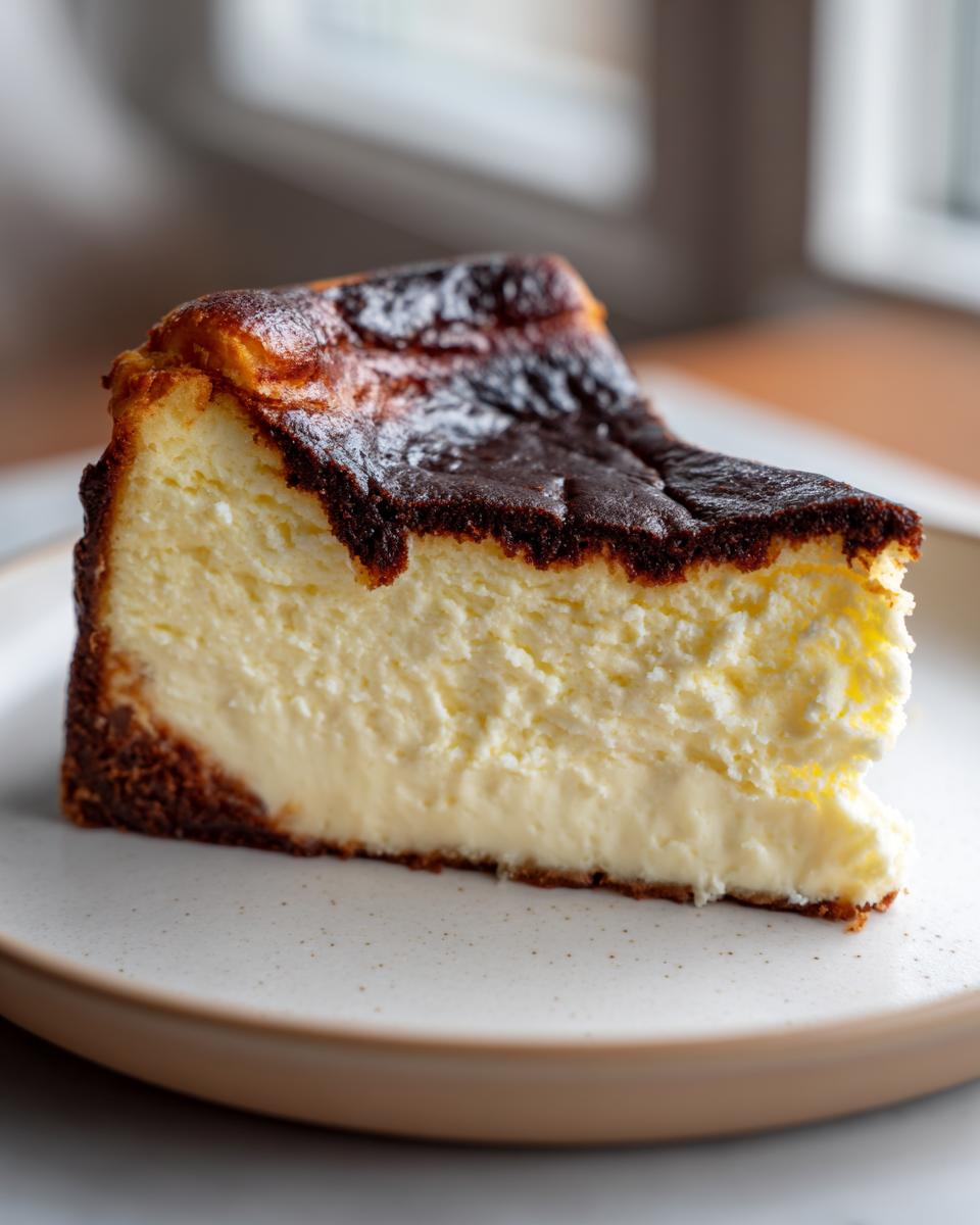 A close-up of a creamy slice of Basque cheesecake with its signature dark, caramelized top.