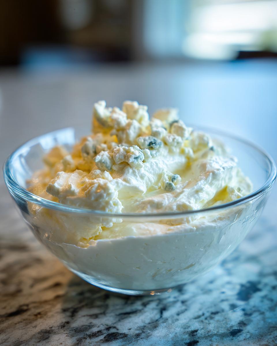 Close-up of a glass bowl filled with creamy blue cheese dip, generously topped with blue cheese crumbles.