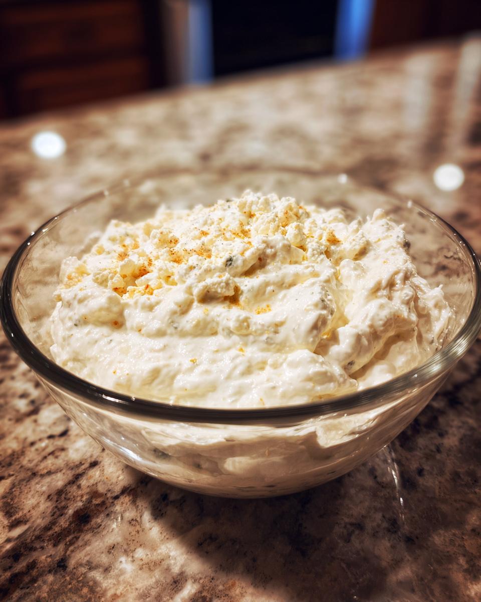 A close-up of a creamy, white blue cheese dip topped with crumbled cheese and seasoning in a clear glass bowl.