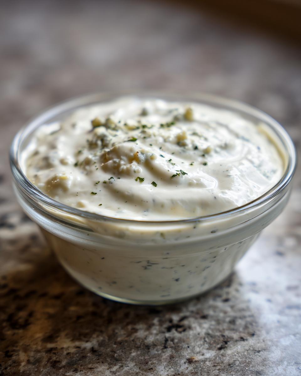 Close-up of a creamy homemade blue cheese dip in a clear glass bowl, topped with crumbles and herbs.