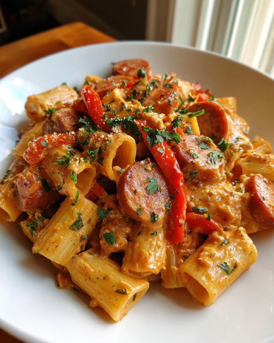 A close-up of creamy cajun sausage pasta featuring rigatoni, sliced sausage, and red peppers, garnished with parsley.