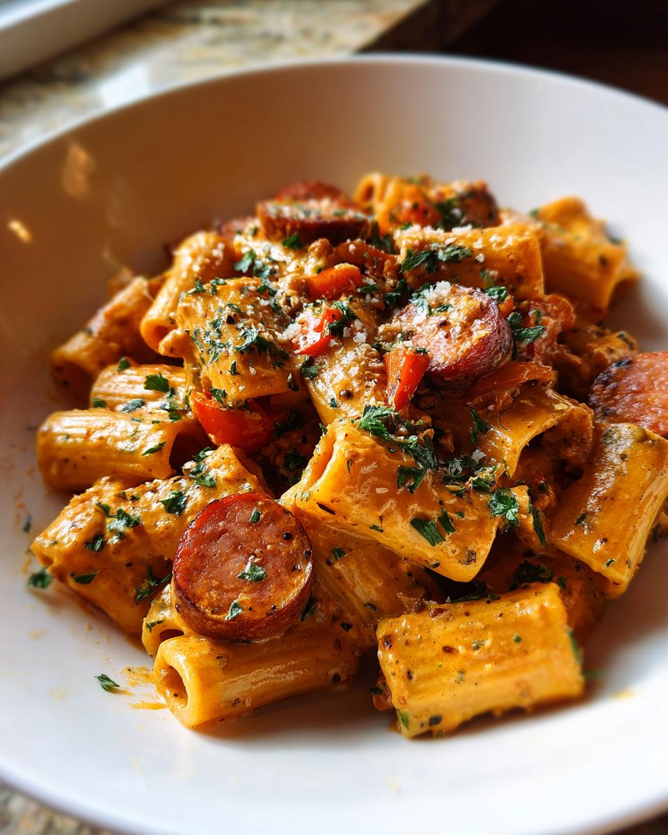 Close-up of creamy cajun sausage pasta featuring rigatoni, sliced sausage, and parsley garnish.