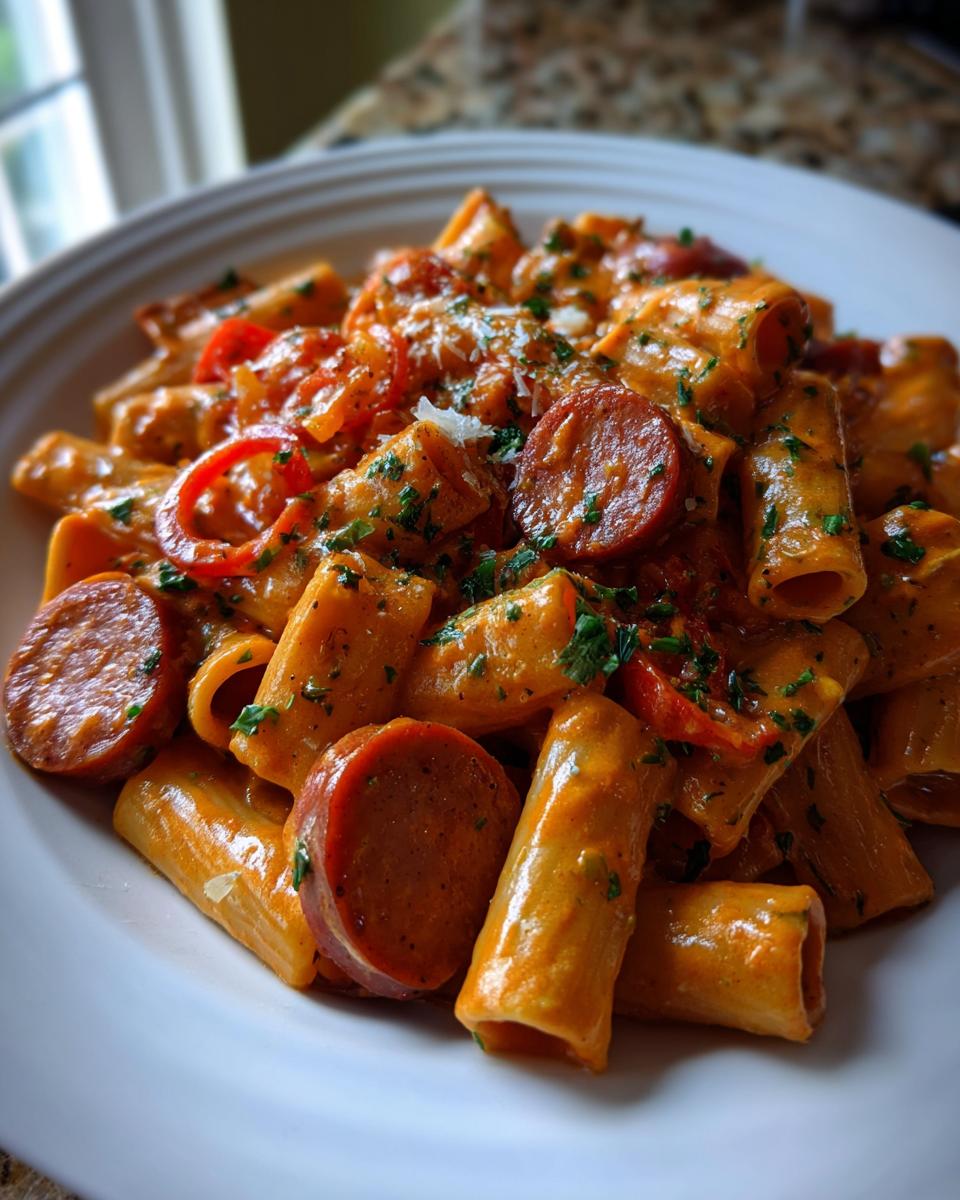 Close-up of creamy cajun sausage pasta with rigatoni, sliced sausage, and parsley garnish.