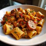 A close-up shot of a hearty bowl of cajun sausage pasta featuring rigatoni, sliced sausage, and a creamy, reddish sauce, garnished with parsley.