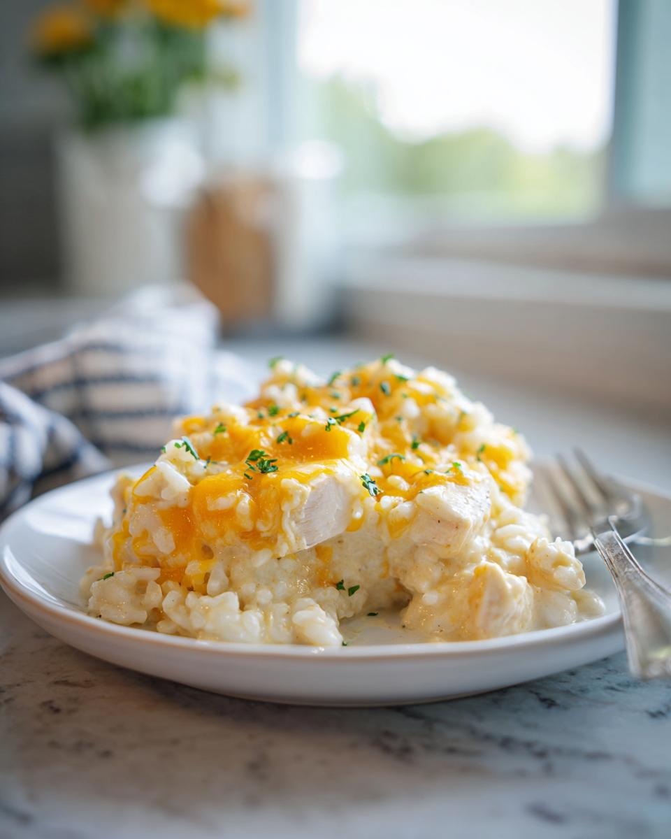 A serving of creamy chicken and rice topped with melted cheddar cheese and fresh parsley on a white plate.