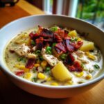A close-up of a creamy bowl of chicken corn chowder loaded with chunks of potato, corn, shredded chicken, and crispy bacon.
