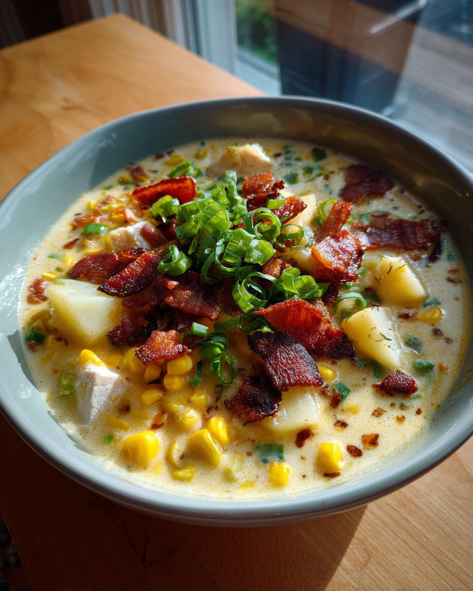 A close-up of a bowl of creamy chicken corn chowder topped generously with crispy bacon bits and fresh green onions.