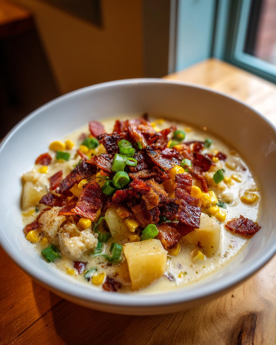 A close-up of a bowl of creamy chicken corn chowder generously topped with crispy bacon and green onions.