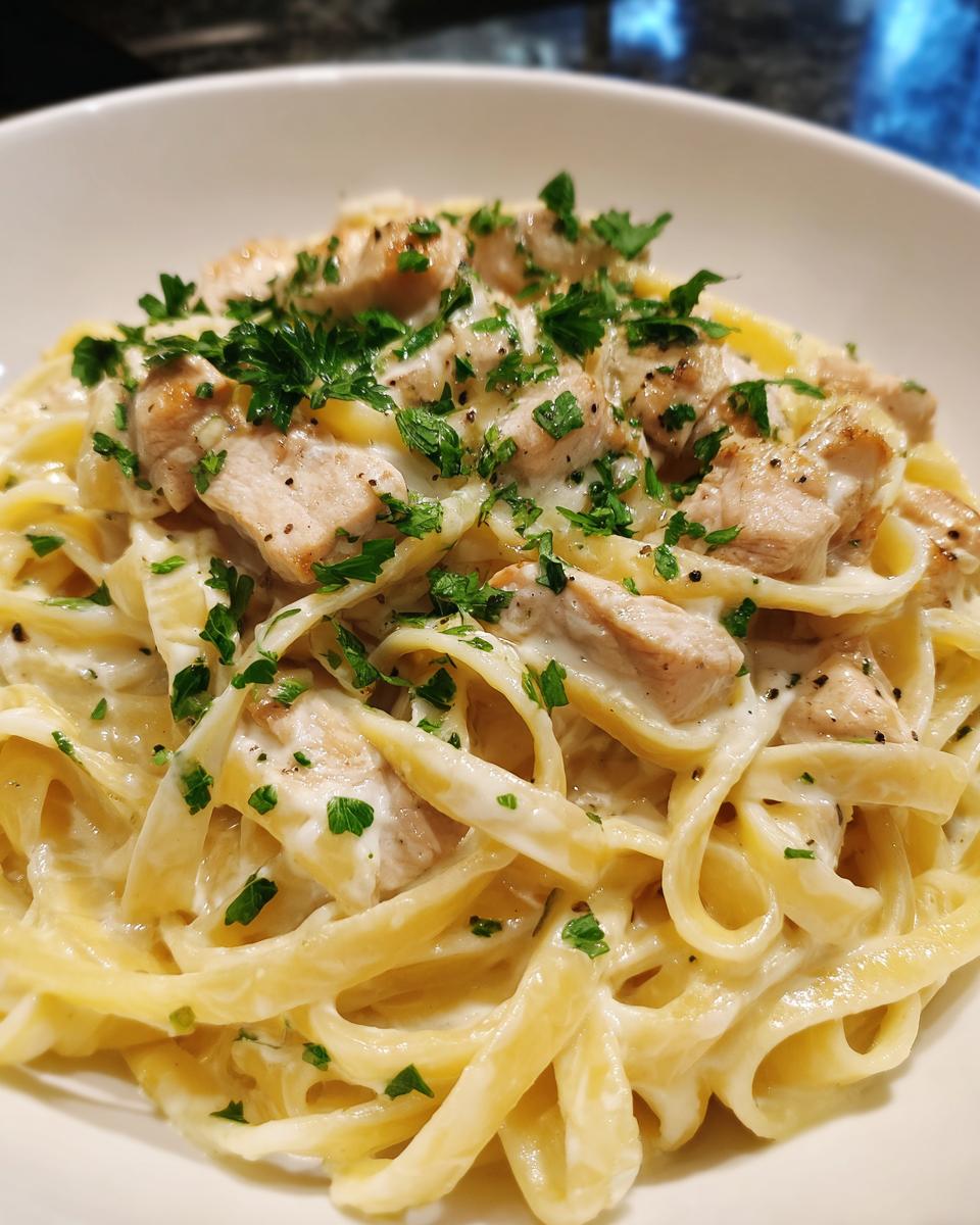 Close-up of a white bowl filled with creamy chicken fettuccine alfredo, topped with diced chicken and fresh parsley.