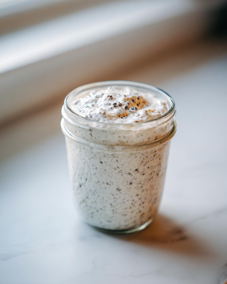 A close-up of creamy coconut chia pudding speckled with dark seeds, served in a small glass jar.