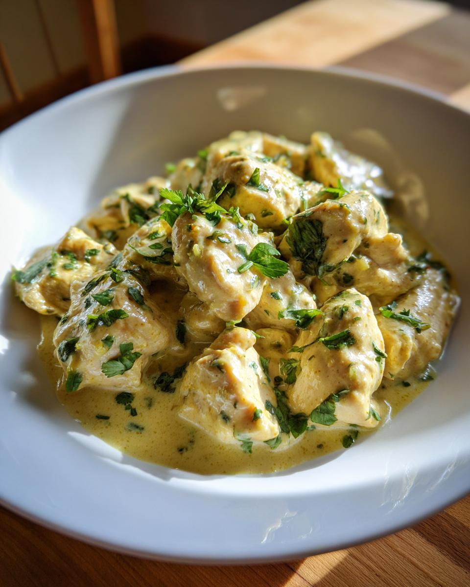 Close-up of tender pieces of coconut chicken coated in a creamy yellow sauce and topped with fresh green herbs.