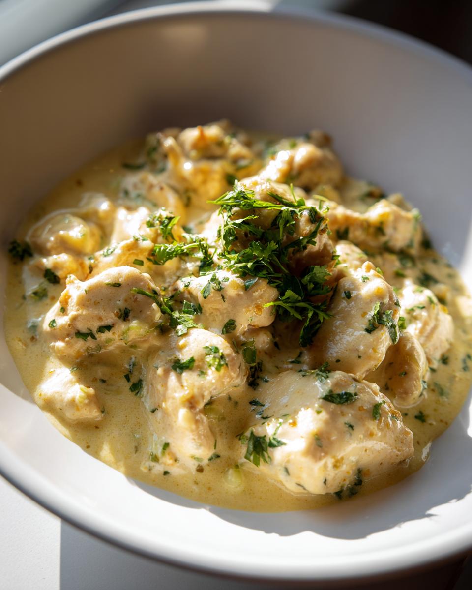 Close-up of tender chicken pieces coated in a rich, creamy sauce, garnished with fresh herbs, representing the coconut chicken recipe.