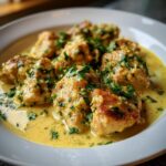 Close-up of seared pieces of coconut chicken served in a rich, creamy yellow sauce and topped with fresh chopped parsley.