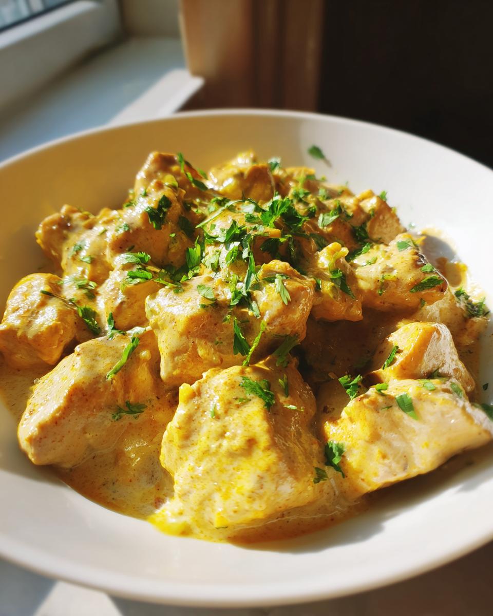 Close-up of creamy coconut chicken pieces generously coated in a rich, yellow sauce and garnished with fresh parsley.