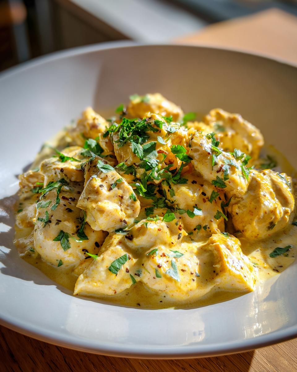 Close-up of tender pieces of coconut chicken coated in a rich, creamy yellow sauce and topped with fresh parsley.