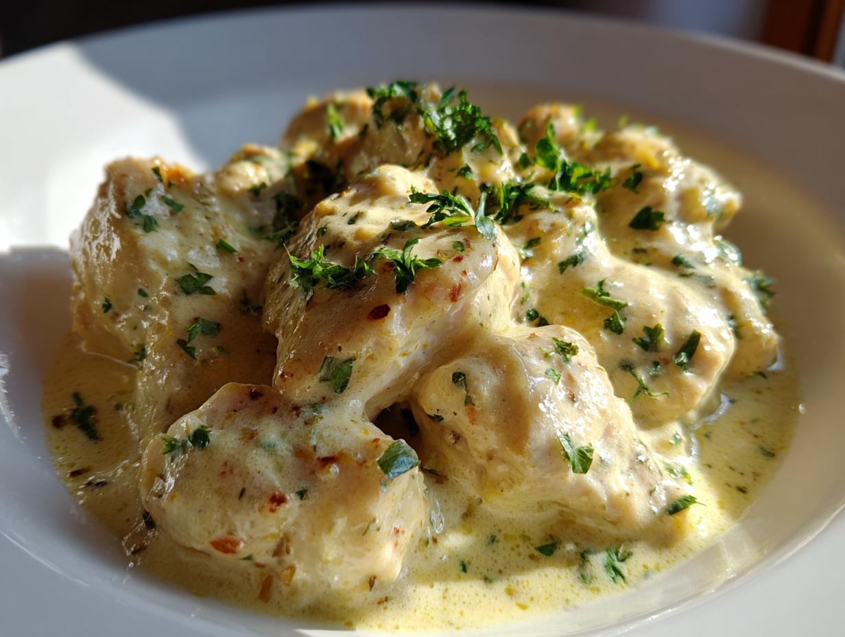 Close-up of tender pieces of coconut chicken smothered in a rich, creamy sauce and garnished with fresh parsley.