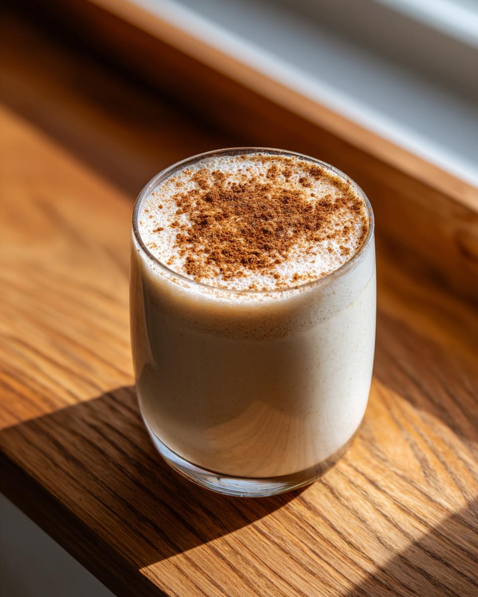 A glass of creamy, light brown coquito topped generously with ground cinnamon, sitting on a sunlit wooden surface.