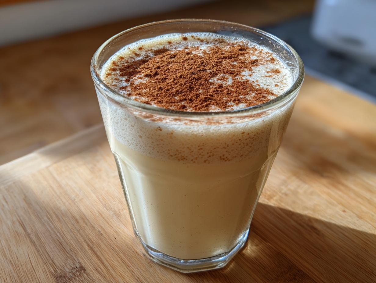 A glass of creamy, light-colored coquito topped generously with ground cinnamon, sitting on a wooden surface.