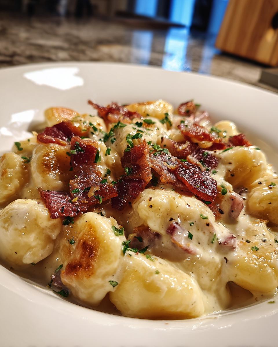 A close-up of a bowl filled with creamy crack chicken gnocchi, topped generously with crispy bacon pieces and fresh chives.