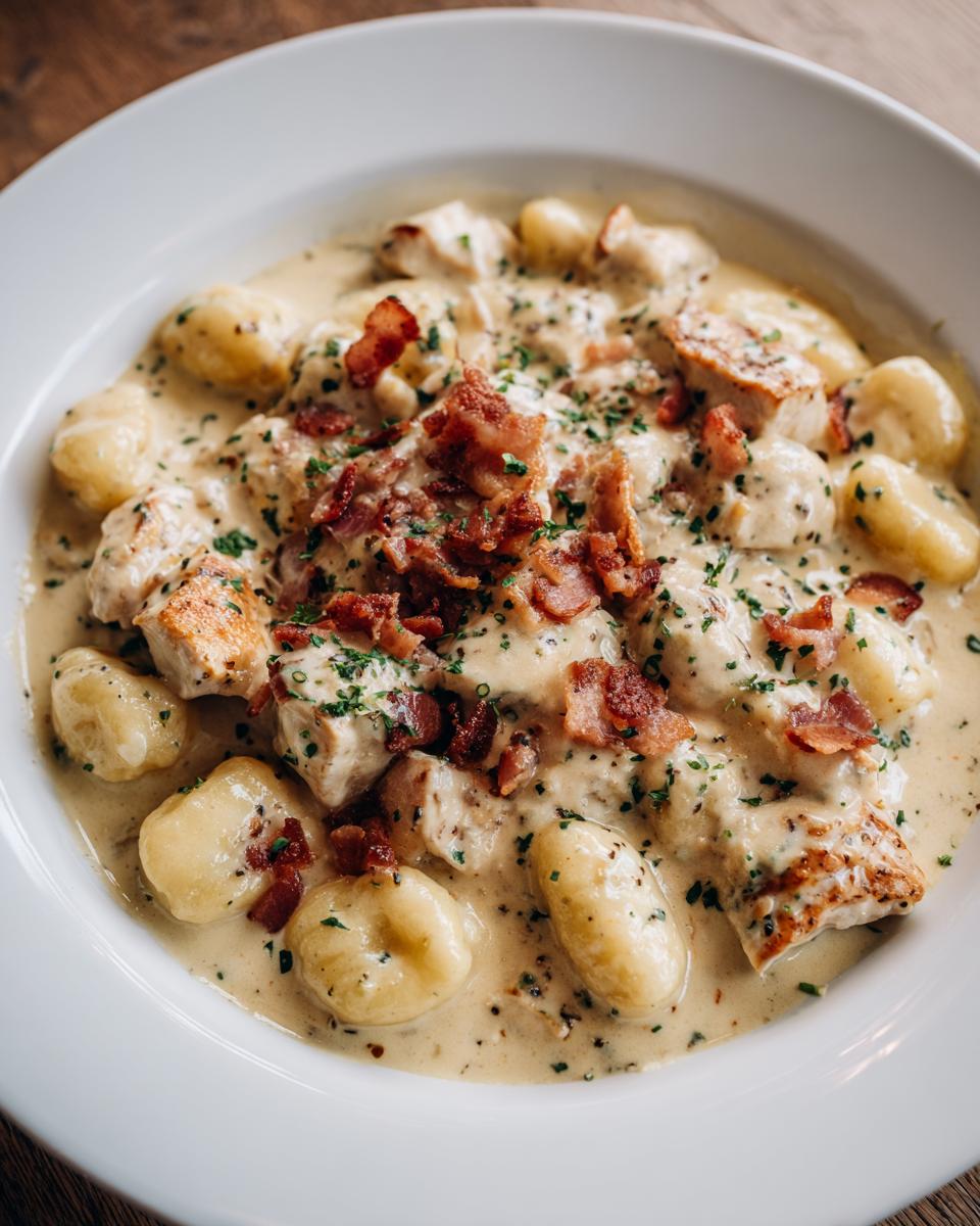 A close-up of creamy crack chicken gnocchi, featuring tender gnocchi, diced chicken, and crispy bacon bits in a rich sauce.