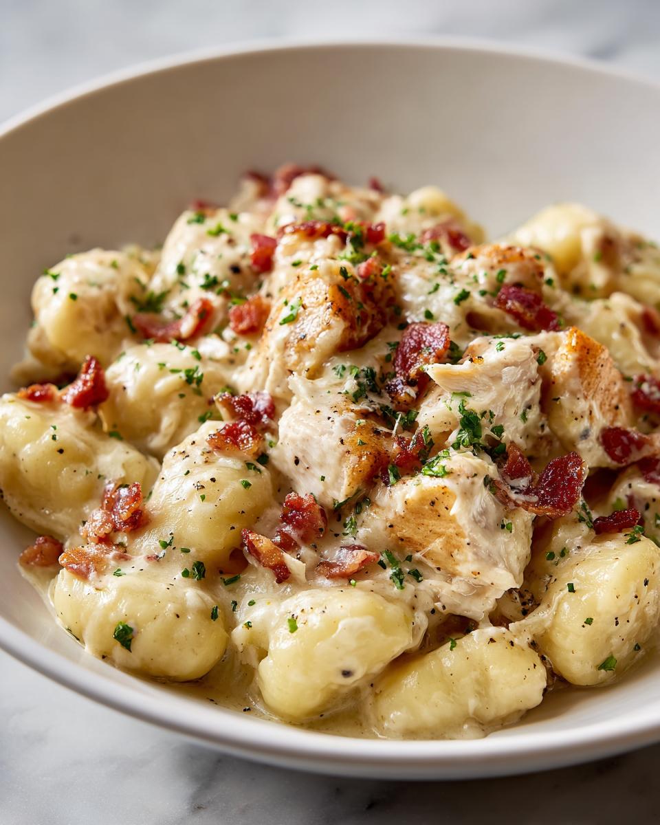 Close-up of creamy crack chicken gnocchi dish topped with bacon bits and parsley in a white bowl.