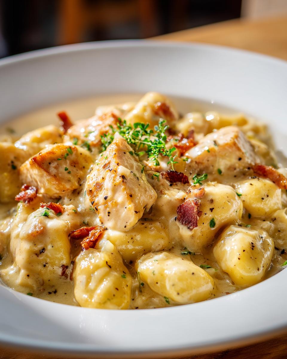 A close-up view of a hearty bowl of creamy crack chicken gnocchi, topped with bacon bits and fresh thyme.