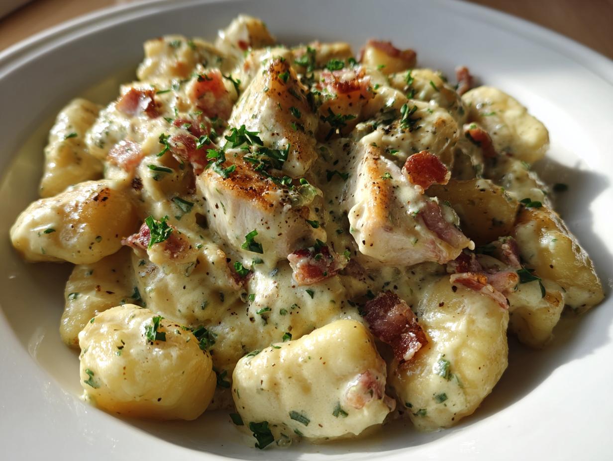 Close-up of a bowl filled with creamy crack chicken gnocchi, featuring tender chicken pieces and bacon bits in a rich sauce.