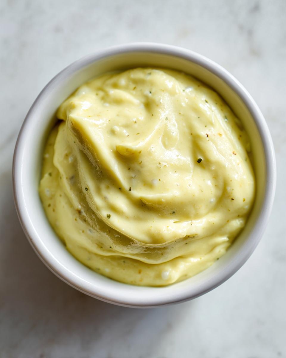 Overhead close-up of thick, pale yellow homemade garlic aioli with visible herbs in a small white bowl.