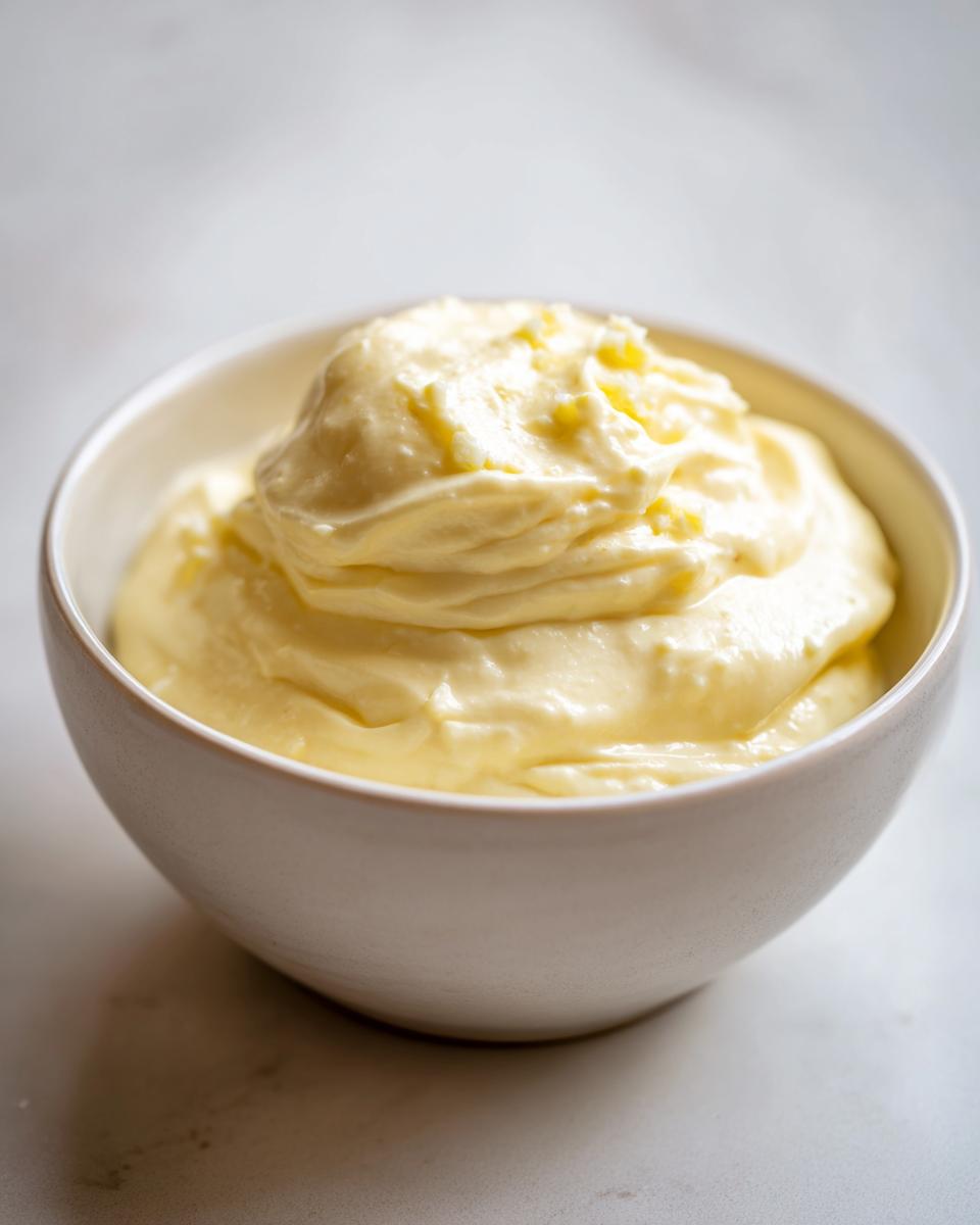 A close-up of thick, creamy, pale yellow homemade garlic aioli mounded high in a small white bowl.