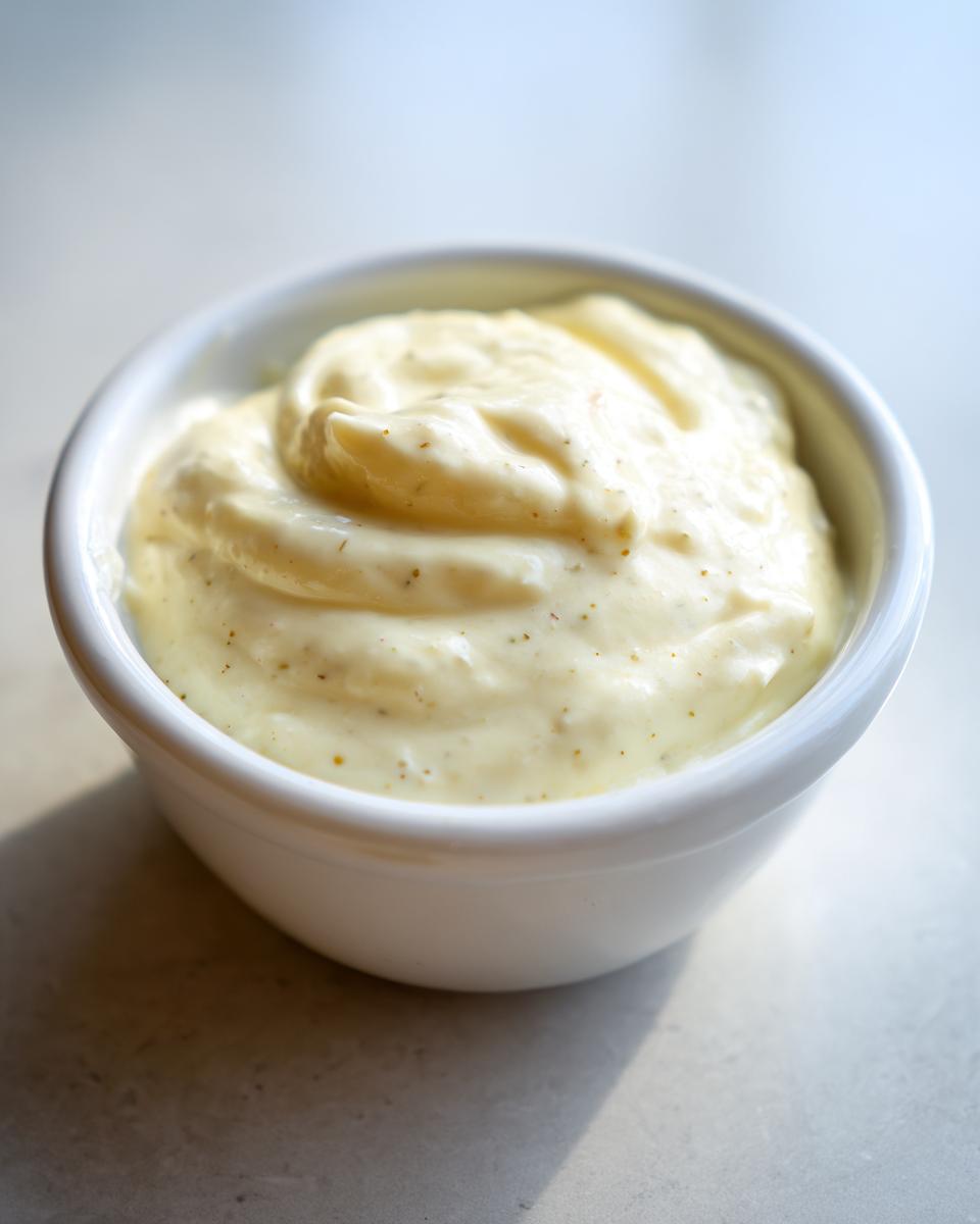 Close-up of thick, creamy homemade garlic aioli with visible specks of seasoning in a small white bowl.