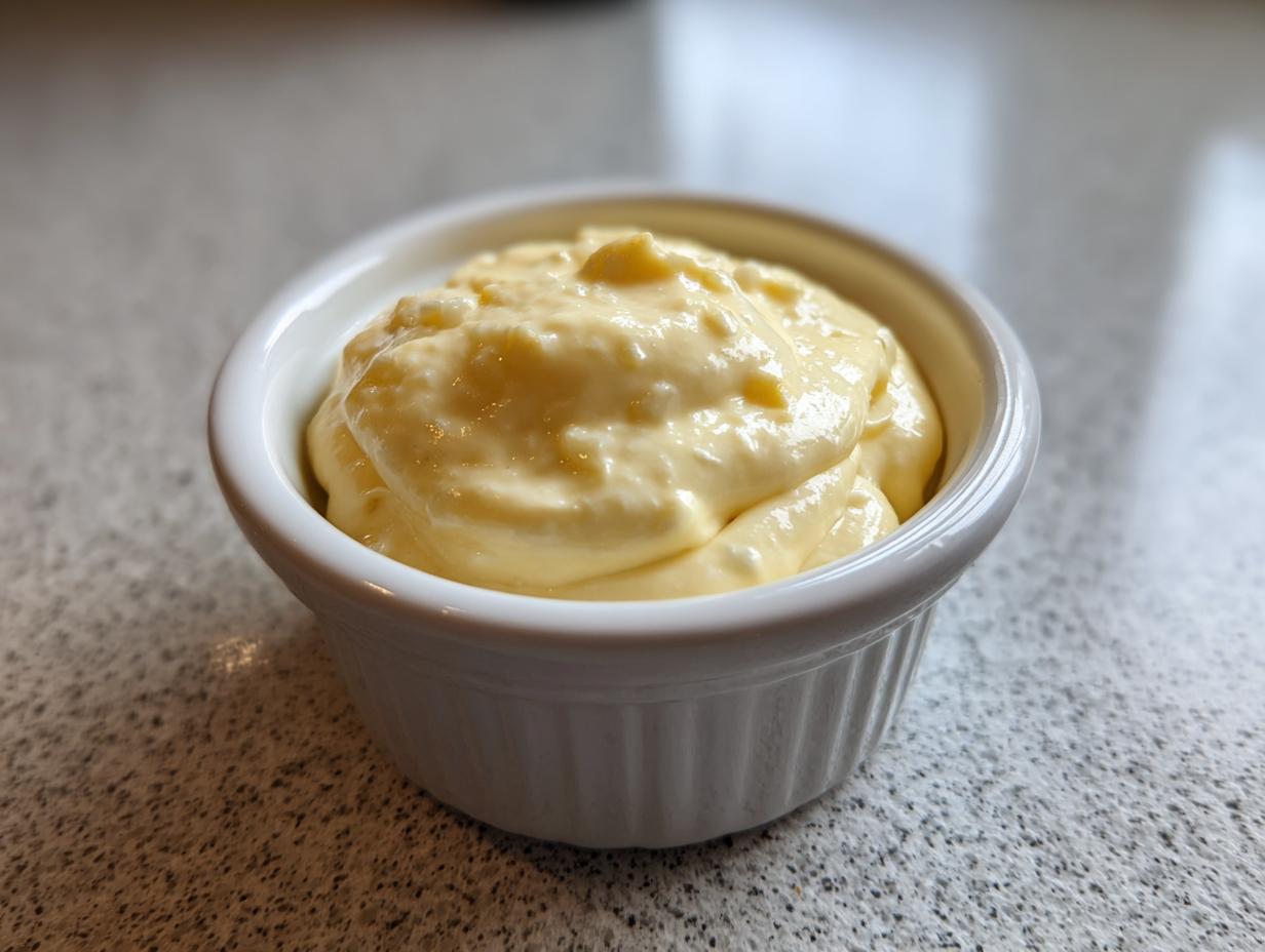 A close-up of thick, creamy, homemade garlic aioli served in a small white fluted ramekin.