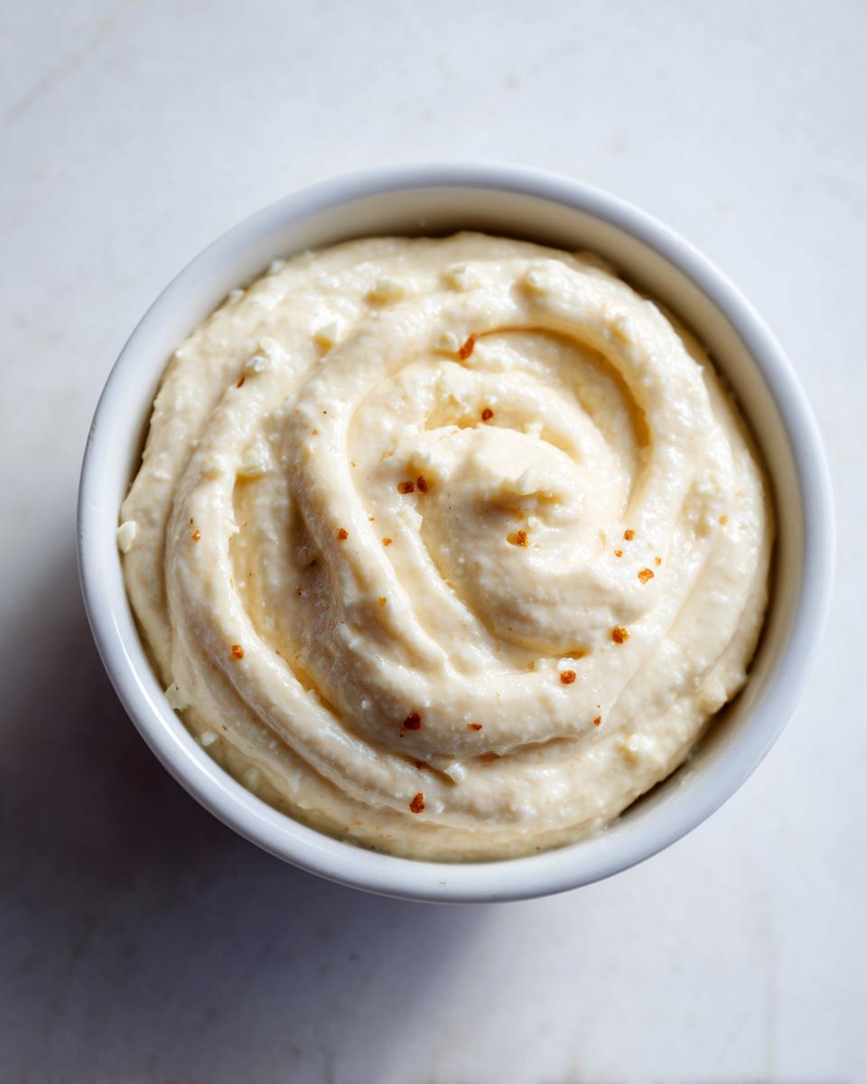 Overhead close-up of creamy, swirled homemade garlic aioli in a small white bowl, sprinkled with spices.