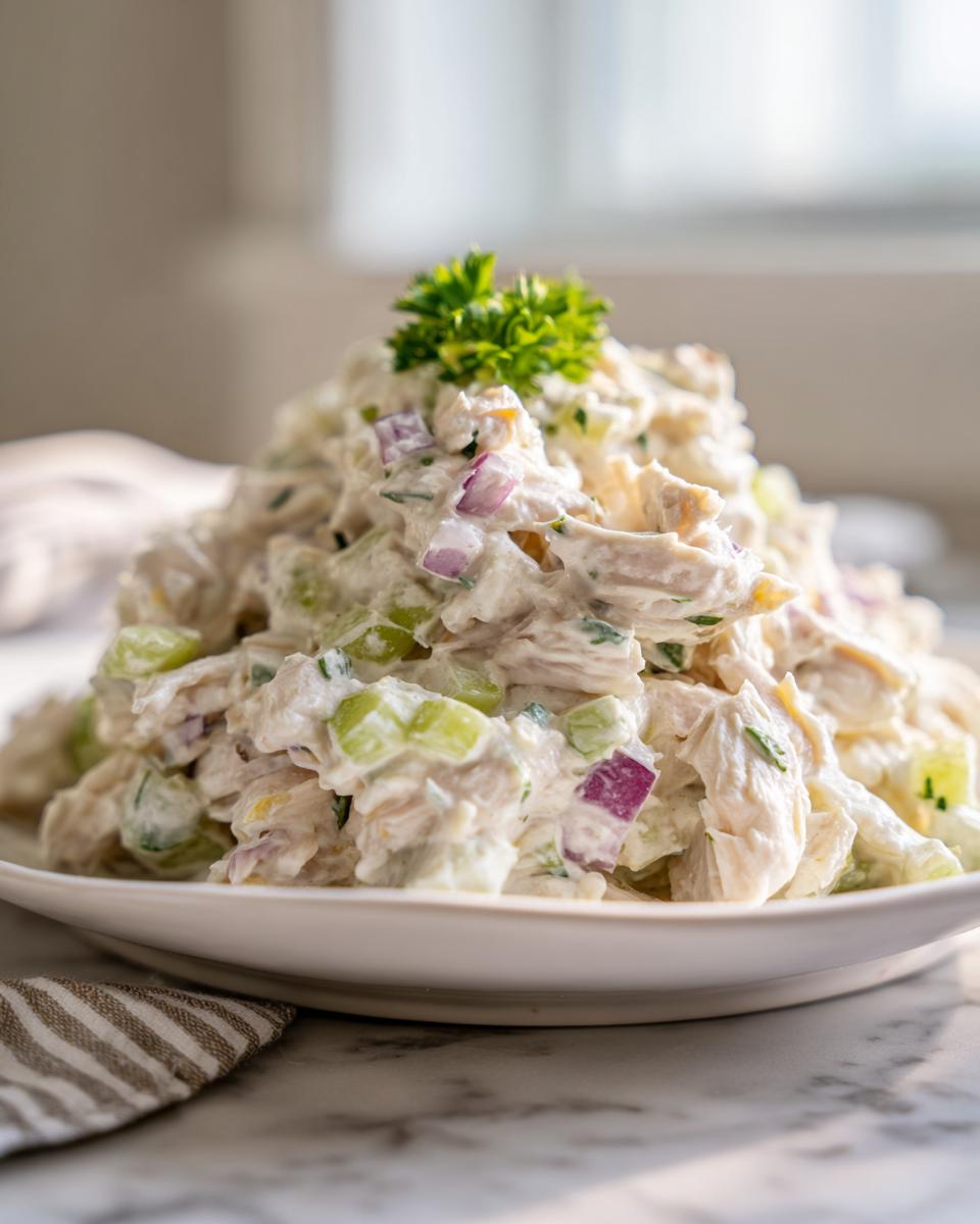 A generous mound of creamy greek yogurt chicken salad featuring chunks of chicken, celery, and red onion, garnished with parsley.