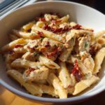 Close-up of creamy Marry Me Chicken Pasta featuring penne, chicken pieces, and sun-dried tomatoes.