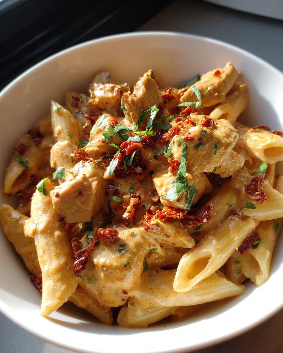 Close-up of creamy Marry Me Chicken Pasta with penne, chicken pieces, sun-dried tomatoes, and fresh herbs.