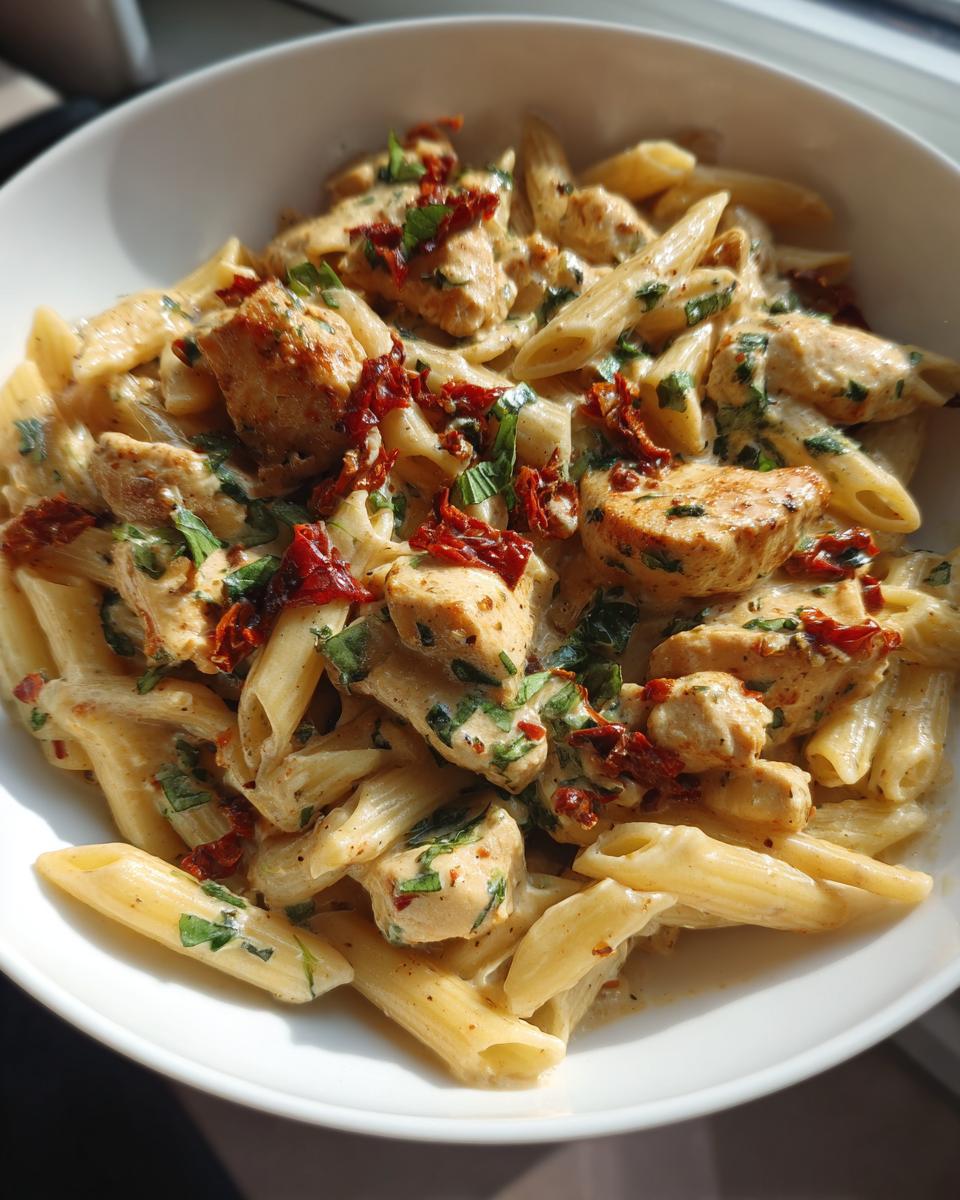 Close-up of a bowl of Marry Me Chicken Pasta featuring penne, creamy sauce, chicken pieces, and sun-dried tomatoes.