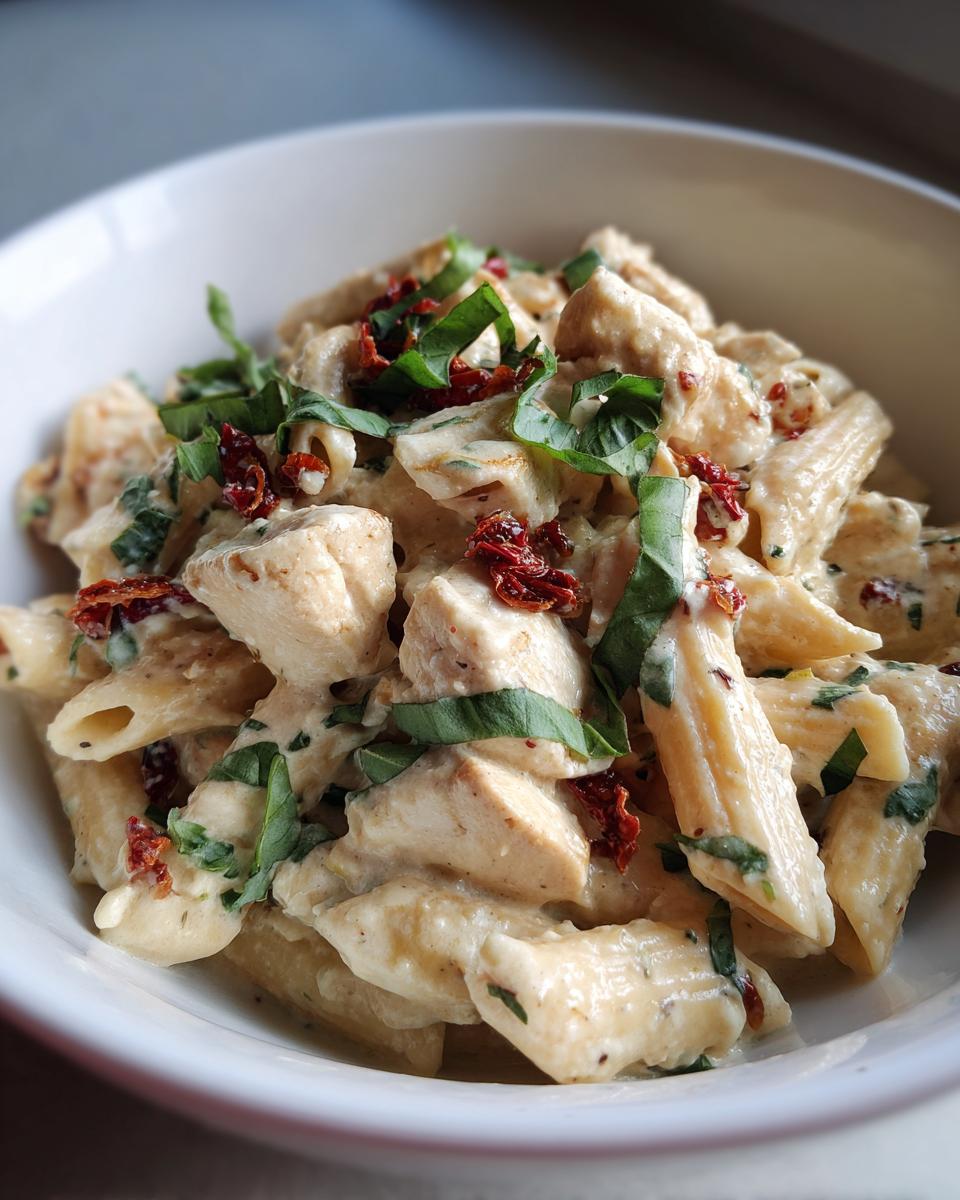 Close-up of creamy Marry Me Chicken Pasta with penne, chicken chunks, sun-dried tomatoes, and fresh basil.