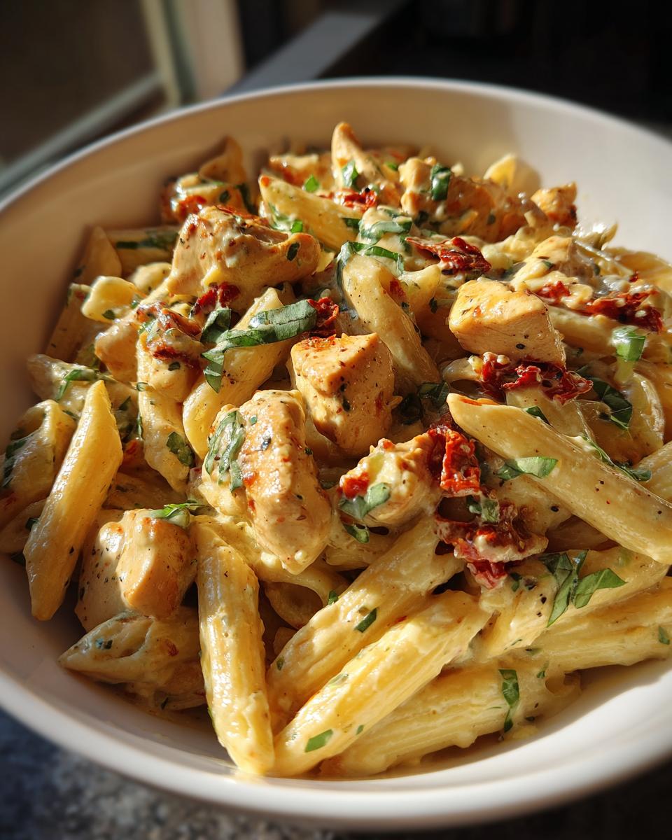 Close-up of creamy Marry Me Chicken Pasta with penne, chicken pieces, sun-dried tomatoes, and basil.