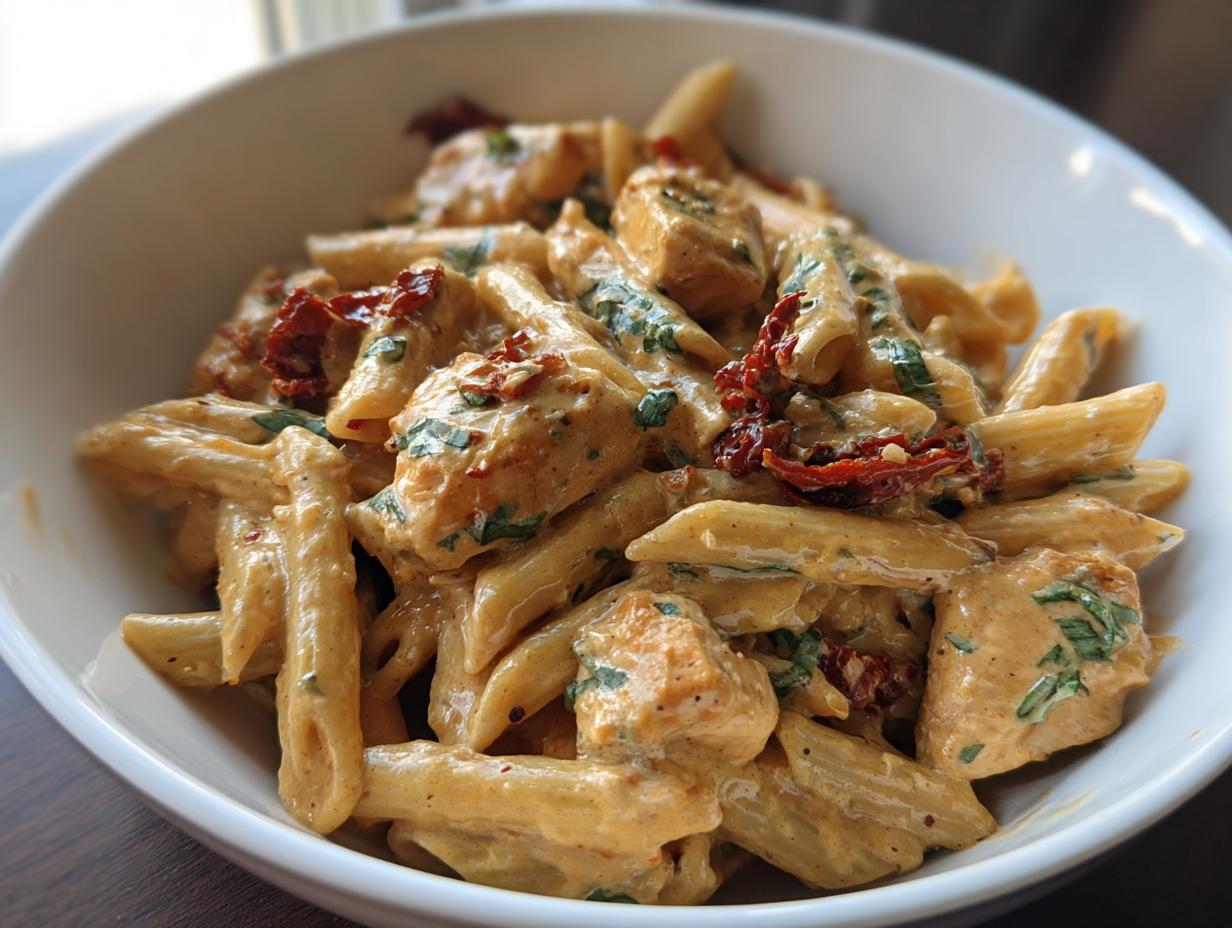 Close-up of creamy Marry Me Chicken Pasta with sun-dried tomatoes and herbs in a white bowl.