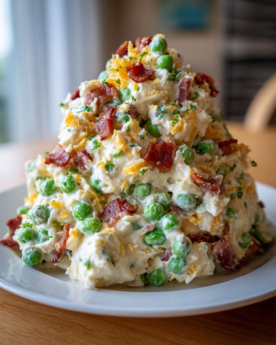A tall mound of creamy pea salad mixed with bright green peas, topped with crumbled bacon, shredded cheddar, and chives.