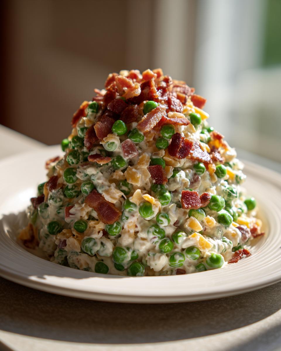 A large mound of creamy pea salad mixed with cheese and topped generously with crispy bacon bits.