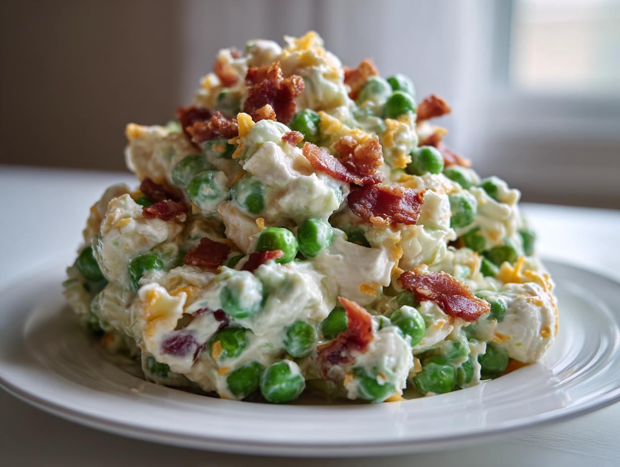 A generous mound of creamy pea salad mixed with cheese and topped with crispy bacon pieces.