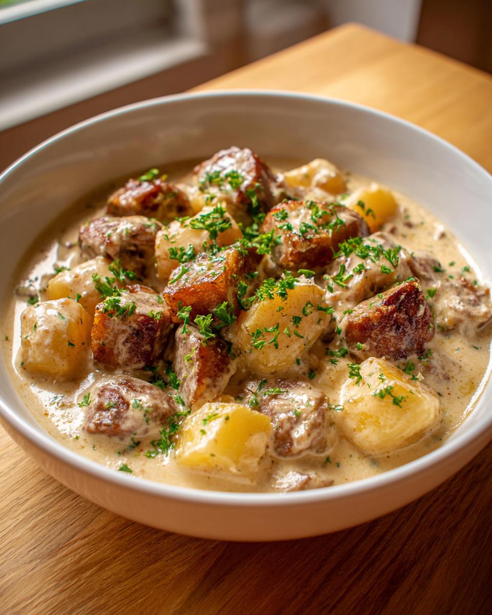 Close-up of a creamy potato and sausage chowder topped with fresh parsley in a white bowl.