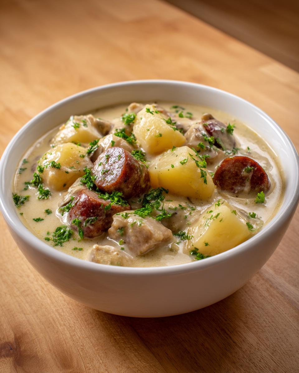 A close-up of a white bowl filled with creamy potato and sausage chowder, garnished with fresh parsley.