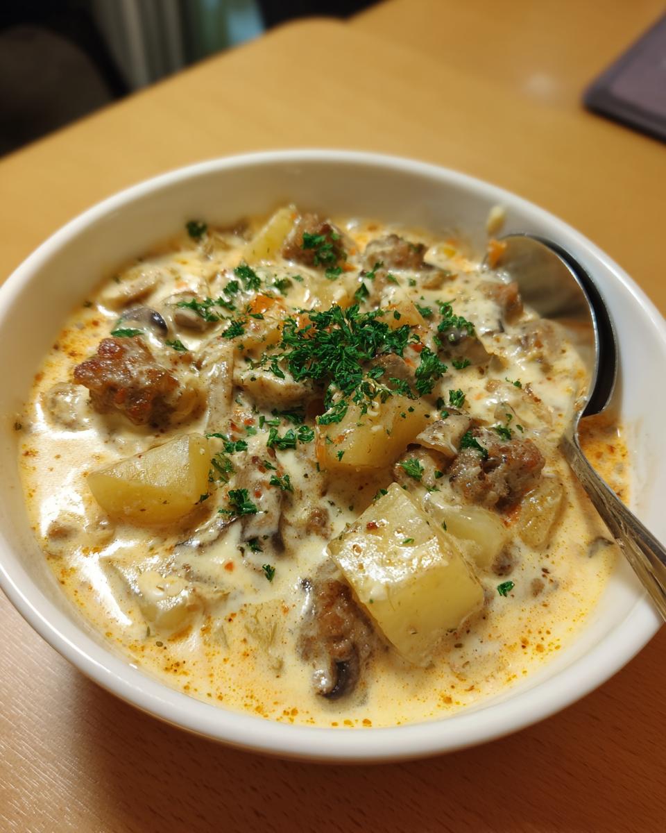 Close-up of a creamy bowl of potato and sausage chowder, garnished with fresh parsley.