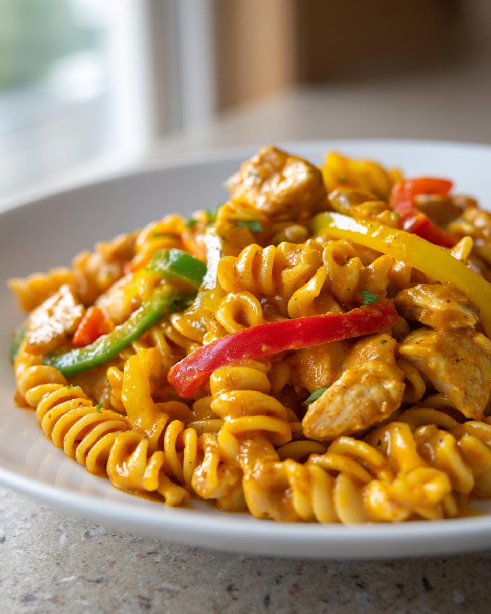 A close-up of vibrant Rasta pasta made with fusilli, chicken pieces, and colorful bell peppers in a creamy orange sauce.