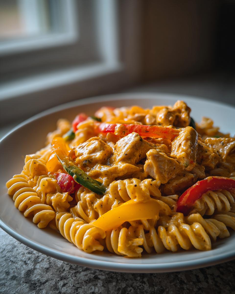 Close-up of rotini Rasta Pasta coated in a creamy orange sauce with chunks of chicken and colorful bell peppers.