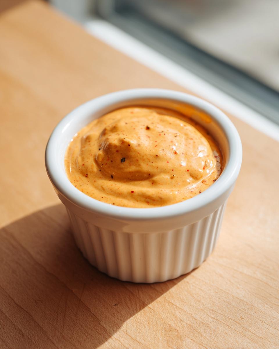 Close-up of creamy, orange-hued smash burger sauce speckled with spices in a white ramekin.