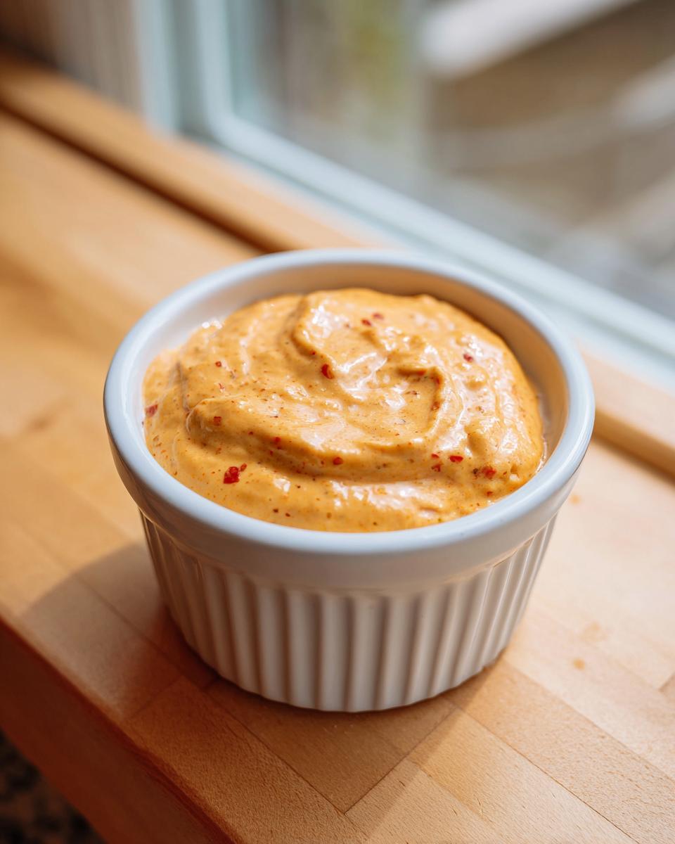A close-up of creamy, orange-tinted smash burger sauce speckled with red spices in a white ramekin.