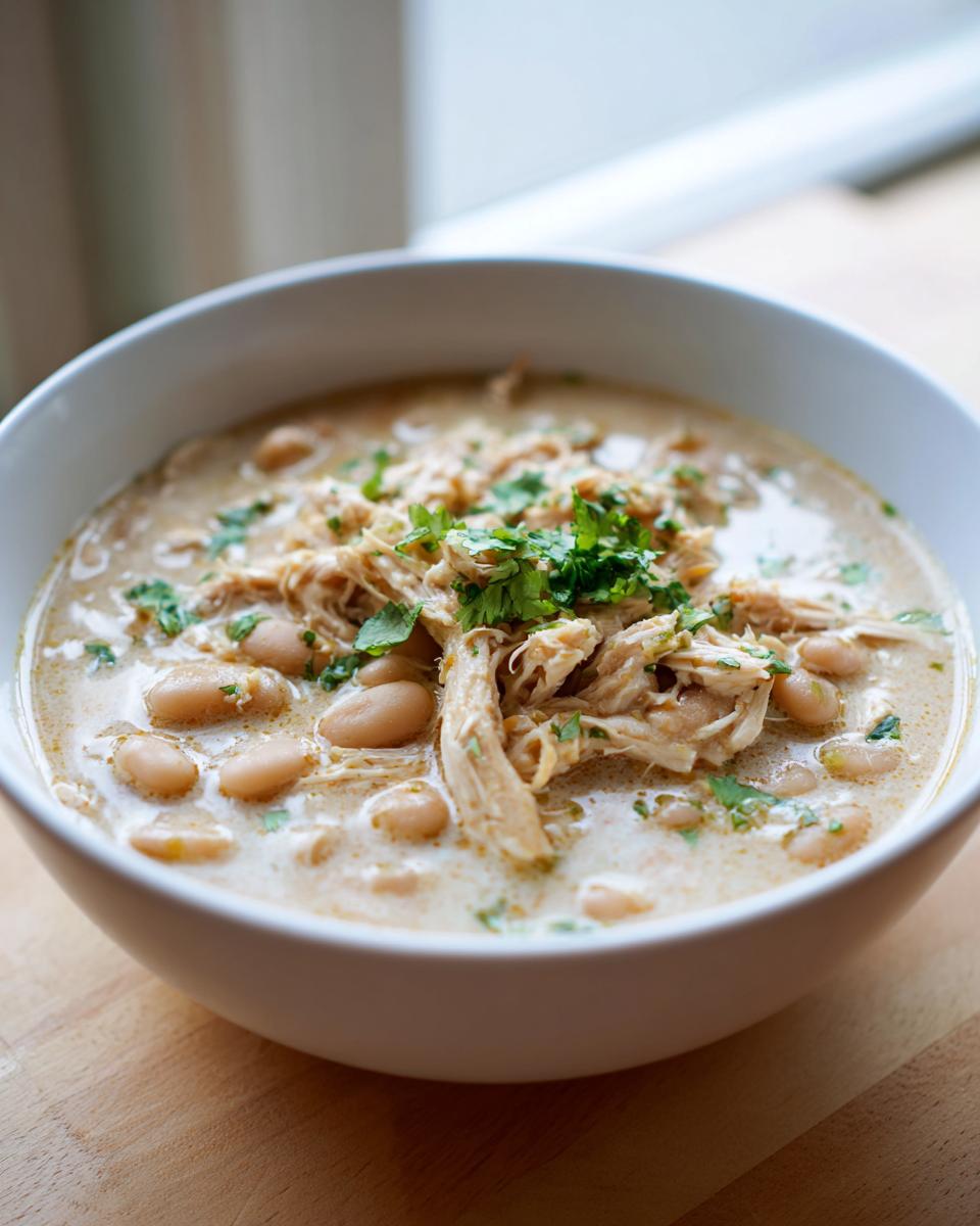 Close-up of a creamy bowl of white chicken chili featuring shredded white chicken and cannellini beans, topped with fresh cilantro.